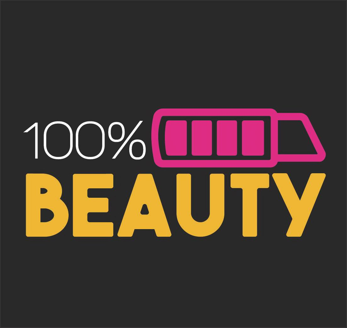 Trademark Logo THE NUMBER 100 FOLLOWED BY A PERCENT SIGN IN OUR CUSTOM THIN FONT, FOLLOWED BY A BATTERY IN THE SHAPE OF A LIPSTICK TUBE FILLED WITH FOUR BARS. BENEATH THE 100% AND THE LIPSTICK TUBE IS THE WORD BEAUTY IN YELLOW IN OUR CUSTOM BOLD FONT.