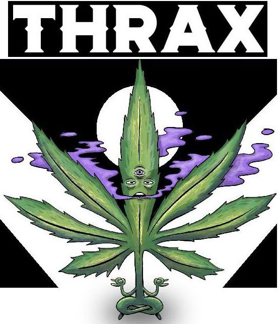  THRAX IN A CERTAIN FONT ALONG WITH A CUSTOM DRAWING OF A CANNABIS LEAF CHARACTER