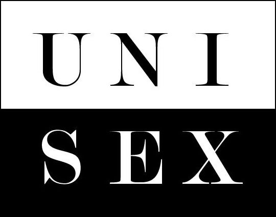  THE LETTERS UNI IN BLACK ON WHITE BACKGROUND ON TOP AND THE LETTERS SEX IN WHITE ON BLACK BACKGROUND BELOW ALL IN A RECTANGLE SHAPED BOX