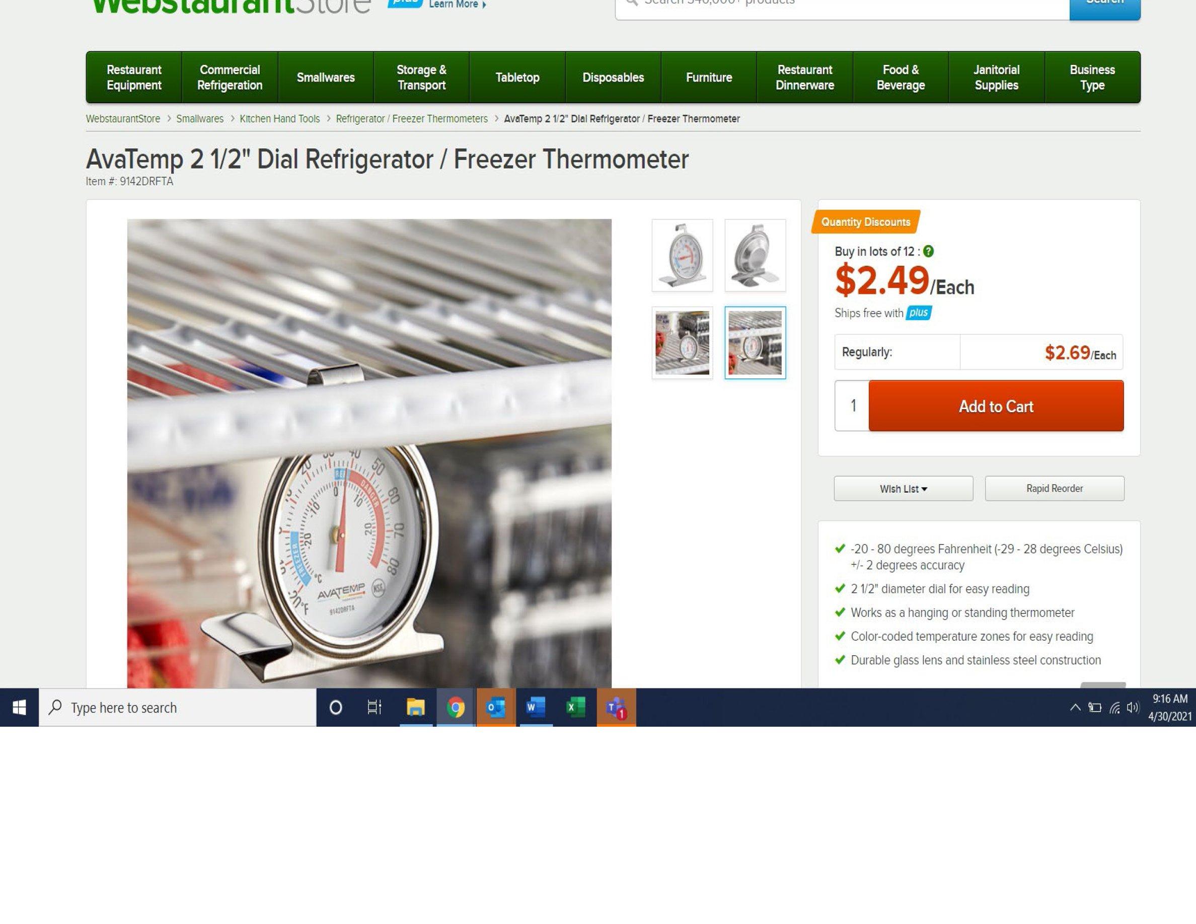 AvaTemp 2 1/2 Dial Refrigerator / Freezer Thermometer