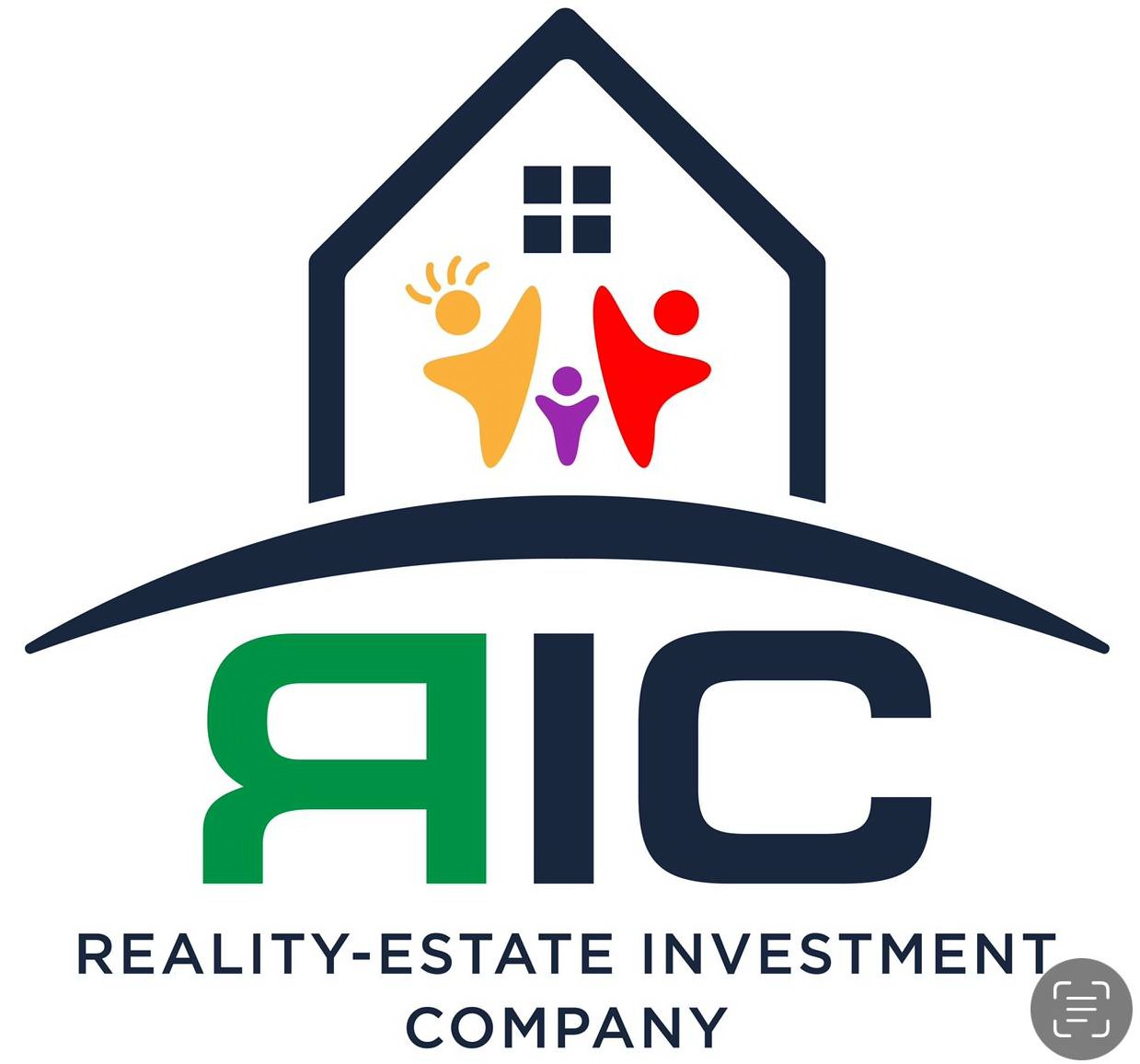  THREE CARTOONS FIGURES IN THE MIDDLE OF A HOUSE REACHING UPPER TOWARDS FOUR BLACK BLOCKS. A BRIM SHAPE FOR THE FOUNDATION. RIC AT THE BOTTOM OF IT. THE R IS BACKWARDS . REALITY ESTATE INVESTMENT COMPANY IS AT THE BOTTOM OF THAT.