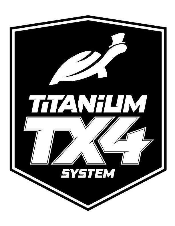 Trademark Logo A TURTLE FACING RIGHT WITH TOP HAT OVER THE WORDS TITANIUM TX4 SYSTEM ALL INSIDE A 6-SIDED SHIELD