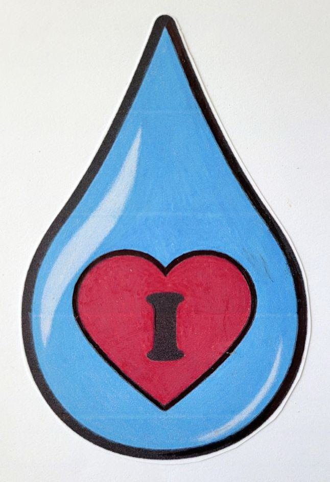  BLUE WATER DROP WITH RED HEART LAYERED OVER WATER DROP, AND BLACK CAPITAL LETTER "I" LAYERED OVER THE HEART
