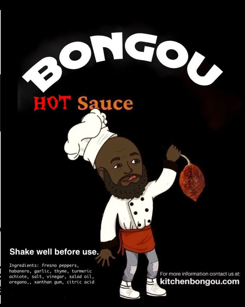 Trademark Logo BONGOU IN WHITE HOT IN RED SAUCE IN FIRE ORANGE AND BACKGROUND IN BLACK