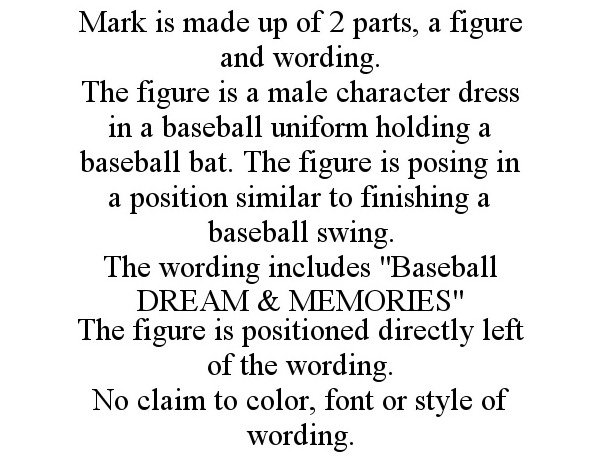  MARK IS MADE UP OF 2 PARTS, A FIGURE AND WORDING. THE FIGURE IS A MALE CHARACTER DRESS IN A BASEBALL UNIFORM HOLDING A BASEBALL BAT. THE FIGURE IS POSING IN A POSITION SIMILAR TO FINISHING A BASEBALL SWING. THE WORDING INCLUDES &quot;BASEBALL DREAM &amp; M