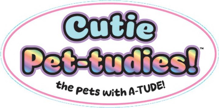  STYLIZED TEXT SPELLING CUTIE PET-TUDIES! THE PETS WITH A-TUDE! TEXT &quot;CUTIE&quot; IS IN TEAL BLUE, PET-TUDIES! IS IN A GRADIENT RAINBOW, AND TAGLINE TEXT IS BLACK. ALL TEXT IS INSIDE A PINK OVAL WITH A WHITE BACKGROUND.