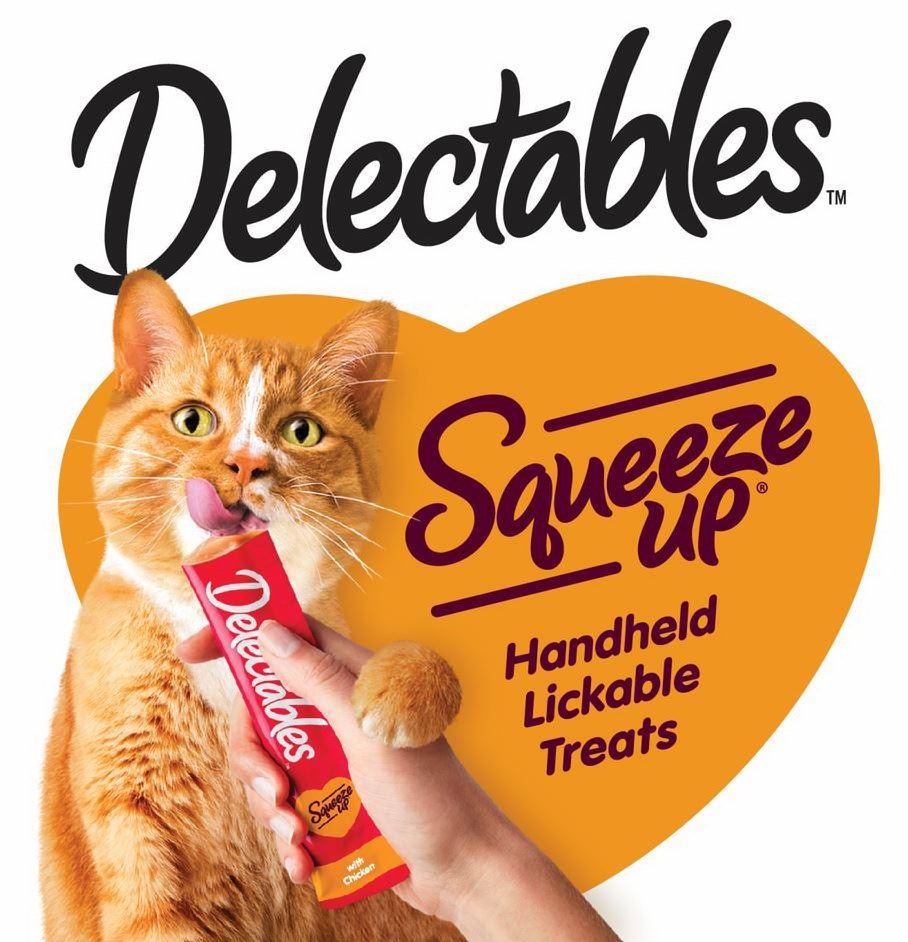  THE IMAGE CONSISTS OF THE WORDS &quot;DELECTABLES&quot;, &quot;SQUEEZE UP&quot;, AND &quot;HANDHELD LICKABLE TREATS&quot;. THE IMAGE ALSO CONTAINS A HEART, A CAT, AND A PARTIAL IMAGE OF A HUMAN HAND HOLDING THE PRODUCT UP TO THE CAT'S MOUTH.