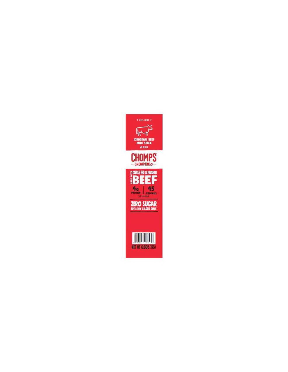  PEEL HERE ORIGINAL BEEF MINI STICK MILD CHOMPS CHOMPLINGS MADE WITH GRASS FED &amp; FINISHED BEEF 4G PROTEIN 45 CALORIES PER SERVI