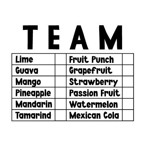 Trademark Logo TEAM LIME FRUIT PUNCH GUAVA GRAPEFRUIT MANGO STRAWBERRY PINEAPPLE PASSION FRUIT MANDARIN WATERMELON TAMARIND MEXICAN COLA