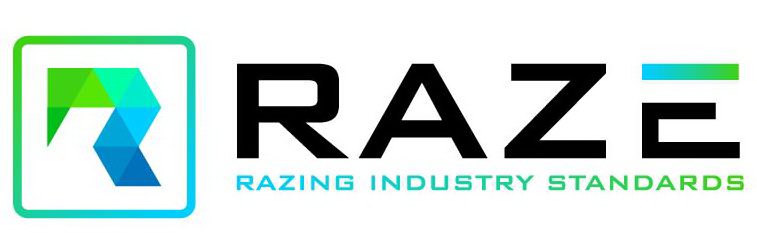  R LOGO INSIDE BOX, THE WORD "RAZE", AND THE TAGLINE BELOW OF "RAZING INDUSTRY STANDARDS"