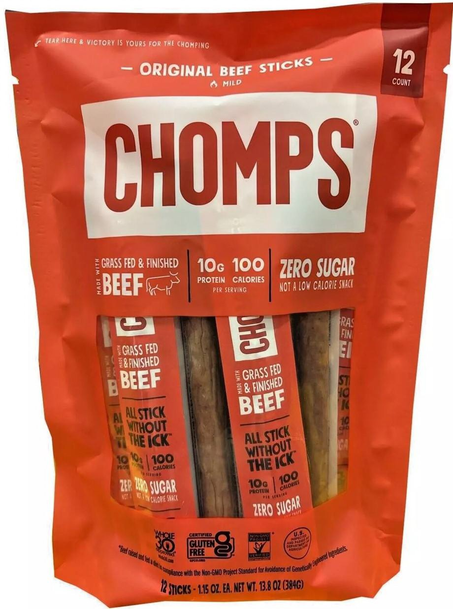 Trademark Logo TEAR HERE &amp; VICTORY IS YOURS FOR THE CHOMPING ORIGINAL BEEF STICKS MILD CHOMPS MADE WITH GRASS FED &amp; FINISHED BEEF 10G PROTEIN 100 CALORIES PER SERVING ZERO SUGAR NOT A LOW CALORIE SNACK