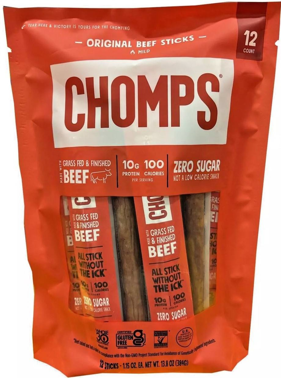  TEAR HERE &amp; VICTORY IS YOURS FOR THE CHOMPING ORIGINAL BEEF STICKS MILD CHOMPS MADE WITH GRASS FED &amp; FINISHED BEEF 10G PROTEIN 100 CALORIES PER SERVING ZERO SUGAR NOT A LOW CALORIE SNACK